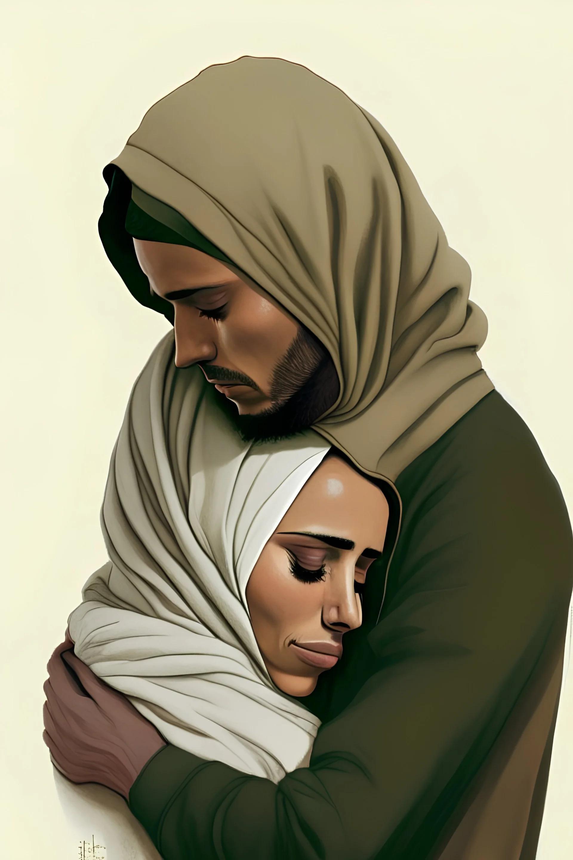 A man and a woman embrace each other in a tender moment. The woman, who is short in stature, rests her head on the man's chest. She wears a dark beige hijab and a white shirt. The man is wearing a green hoodie, and his dark brown hair is combed backwards. He places his chin on the woman's head and gently strokes it with one hand, while the other hand embraces her from around her shoulders. The woman, with slightly dark skin, has her eyes closed and tears streaming down her face.