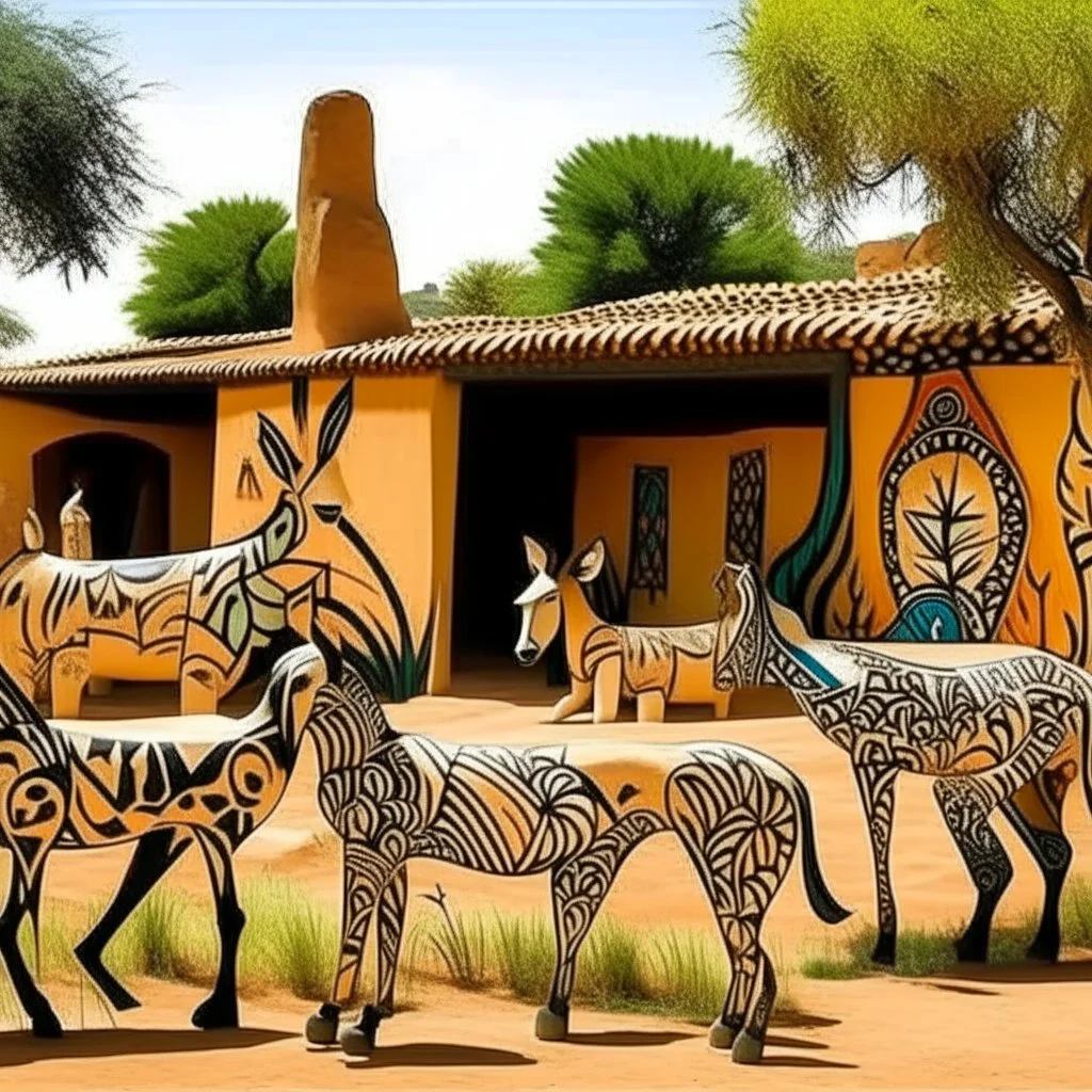 A tan semi-desert grounds with animals designed in African pottery painted by Pablo Picasso
