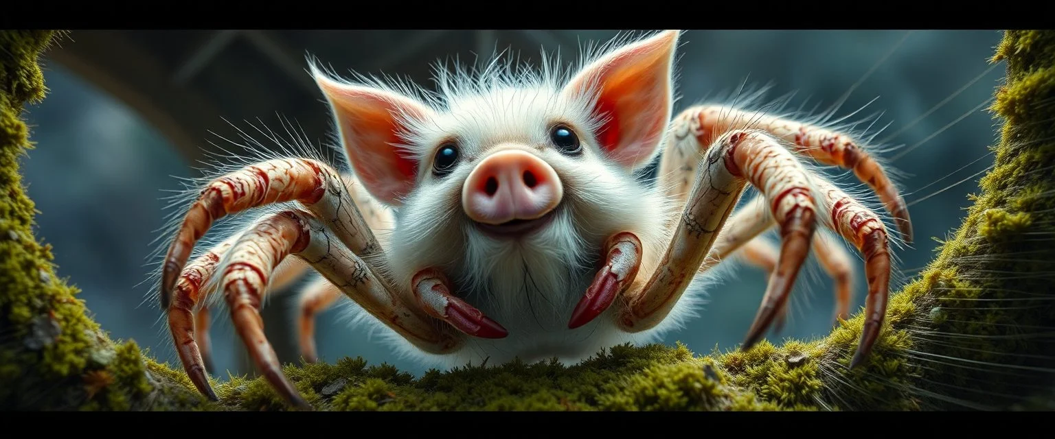 the high speed magical face of a fluffy pig crab spider yoga with charm in web from mossy tower, master oil painting by Rembrandt and Escher, in his moss covered space ship , brightened edges to give a sense of depth, motion blur