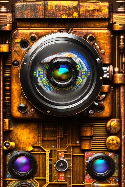 futuristic pinhole camera in Kente, rusted clocks lens, cinematic, scaffolding, cyberpunk, 8k quality