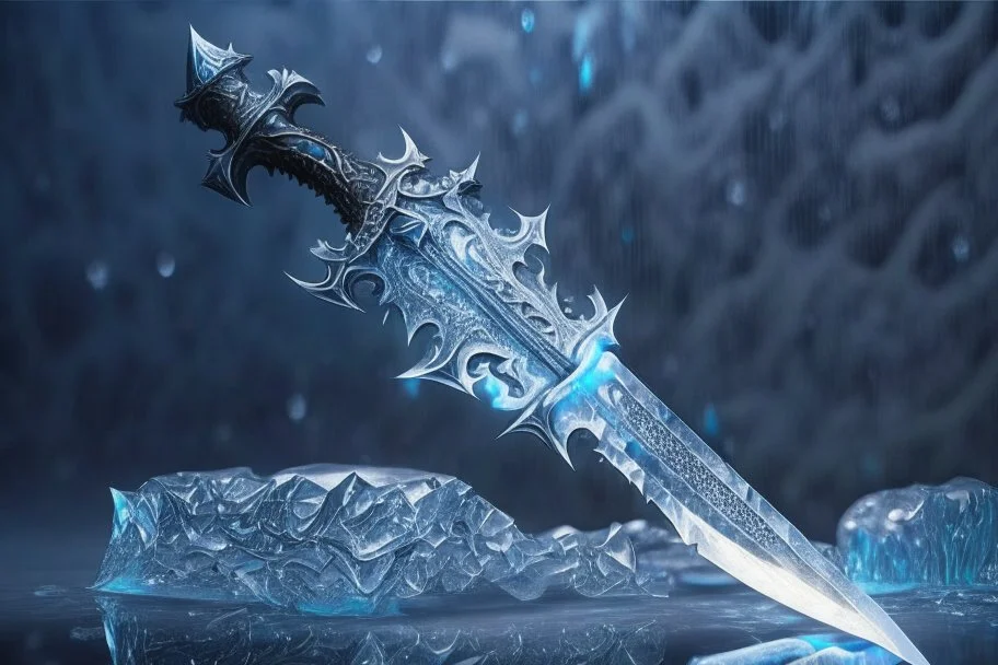 One fantasy greatsword that is slender, translucent blade made of ice. The hilt is crafted from swirling vines, leading to a vibrant crystal at the pommel. With a black background behind it. HD