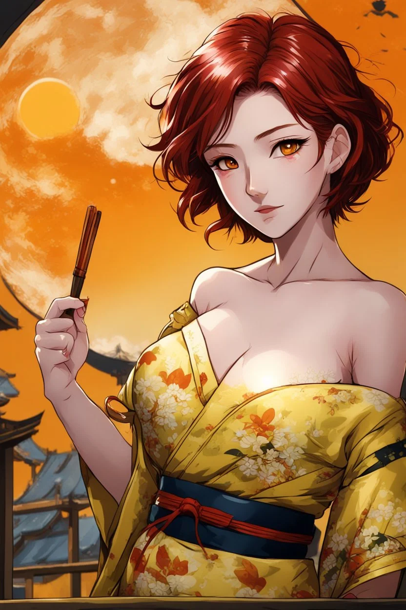 (Asian), short hair, fiery red hair hair, normal hands yukata, yellow clothes, 8k, best quality, winking, very dark night time, lighting from moon yellow moon, perfect, masterpiece, anime style, cartoon style,