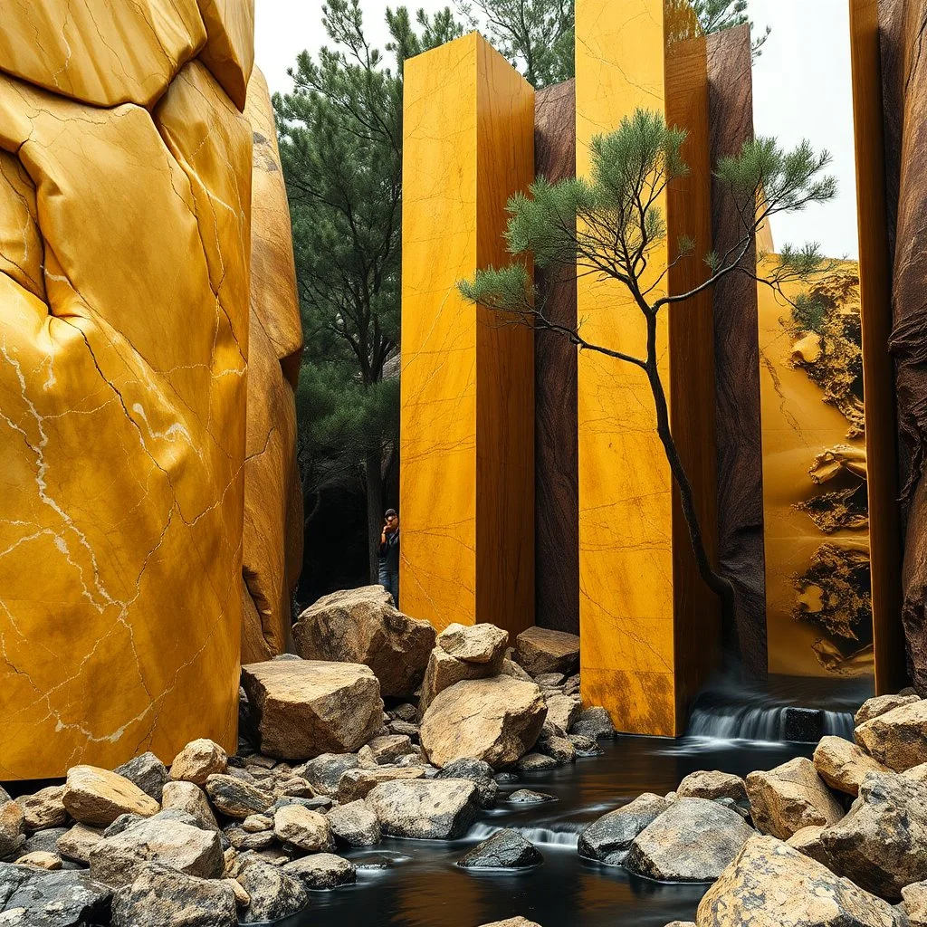 Un'immagine di un paesaggio naturale con marmi gialli imponenti accanto a strutture artificiali verticali e alberi. Queste strutture sembrano blocchi rettangolari riflettenti, come colonne che creano un contrasto tra il naturale e l'artificiale. Persona osserva. Pareti marroni con venature e solchi. Magma liquido nero. La scena trasmette un senso di sospensione e dialogo tra elementi organici. Dettagli degli specchi e delle rocce molto accentuati