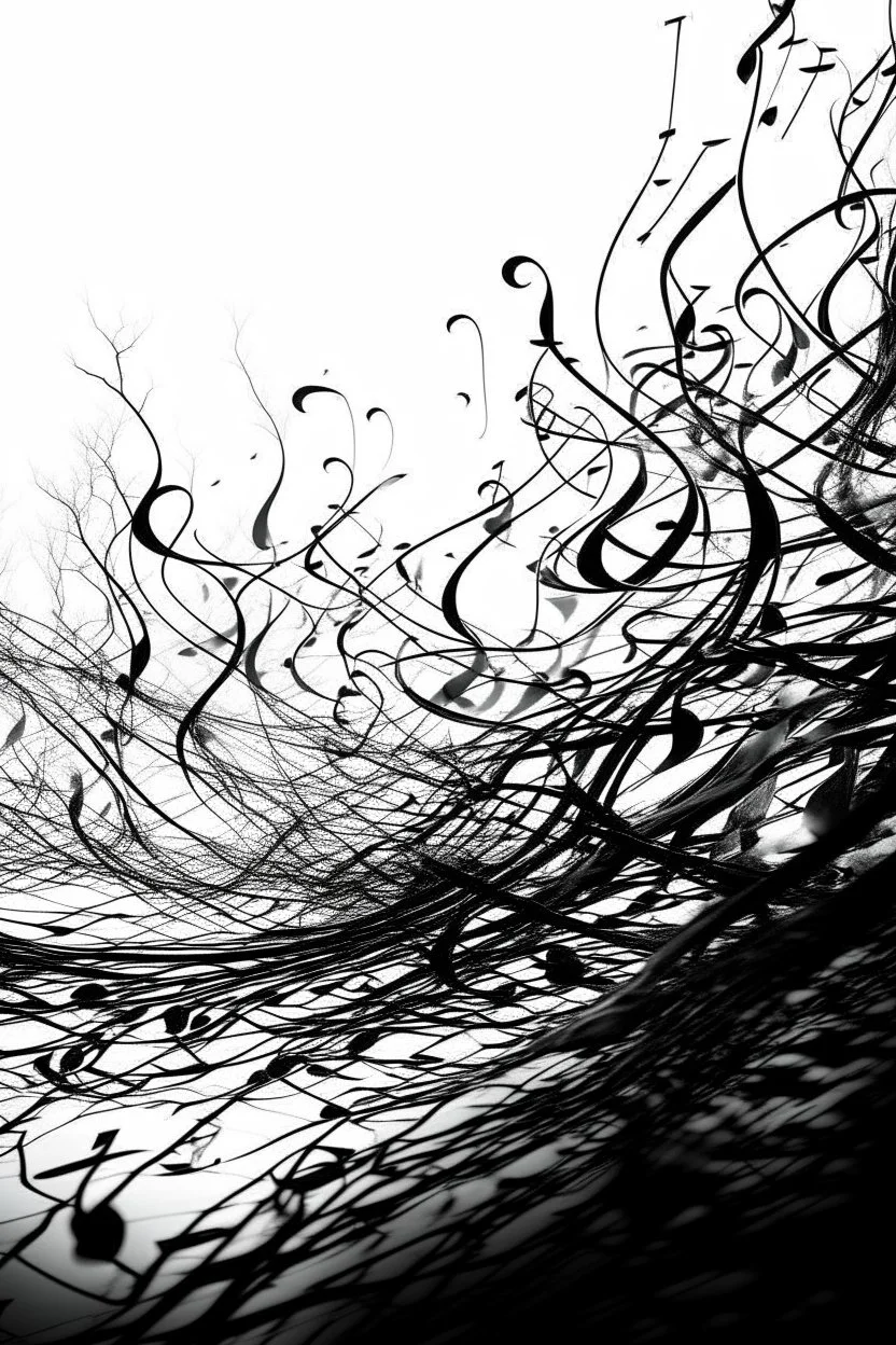 A realistic drawing in negative space black ink on white background of a musical notes and twisted notes 3D with abstract brushstrokes to enhance sheets music pages max enrist