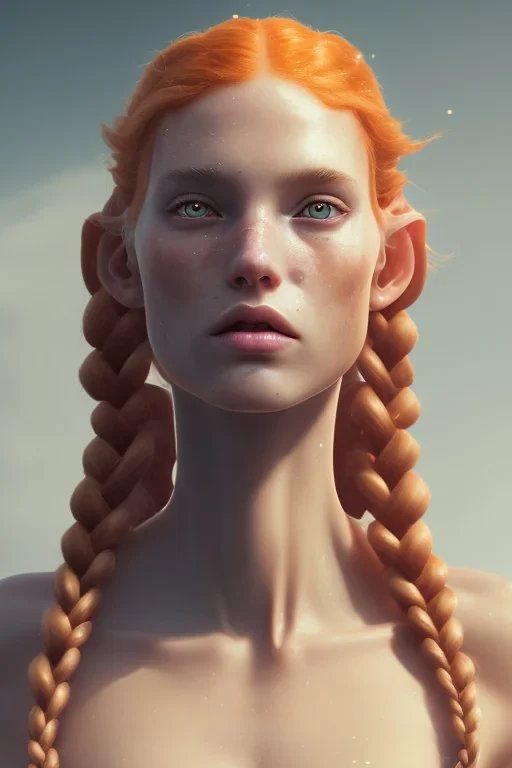 Woman, corpo intero big, beautiful, orange hair, two braids, bangs, rossi eyes, big eyes, freckles, long eyelashes, Frozen, 8k resolution concept art by Greg Rutkowski