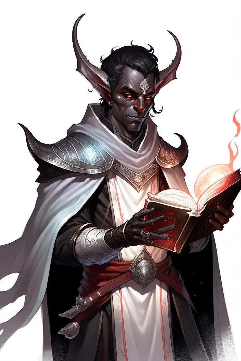 En Young male black skin black hair tiefling Wizard fra dnd holding a book with Arcane Magic in a silver and White Rope and a silver cloak. His horn a perfectly place on acet from the front to the back pointing upwards with glowing Red cat Eyes. His close is elegant get simple. Holding an ice Crystal in his Right Hand