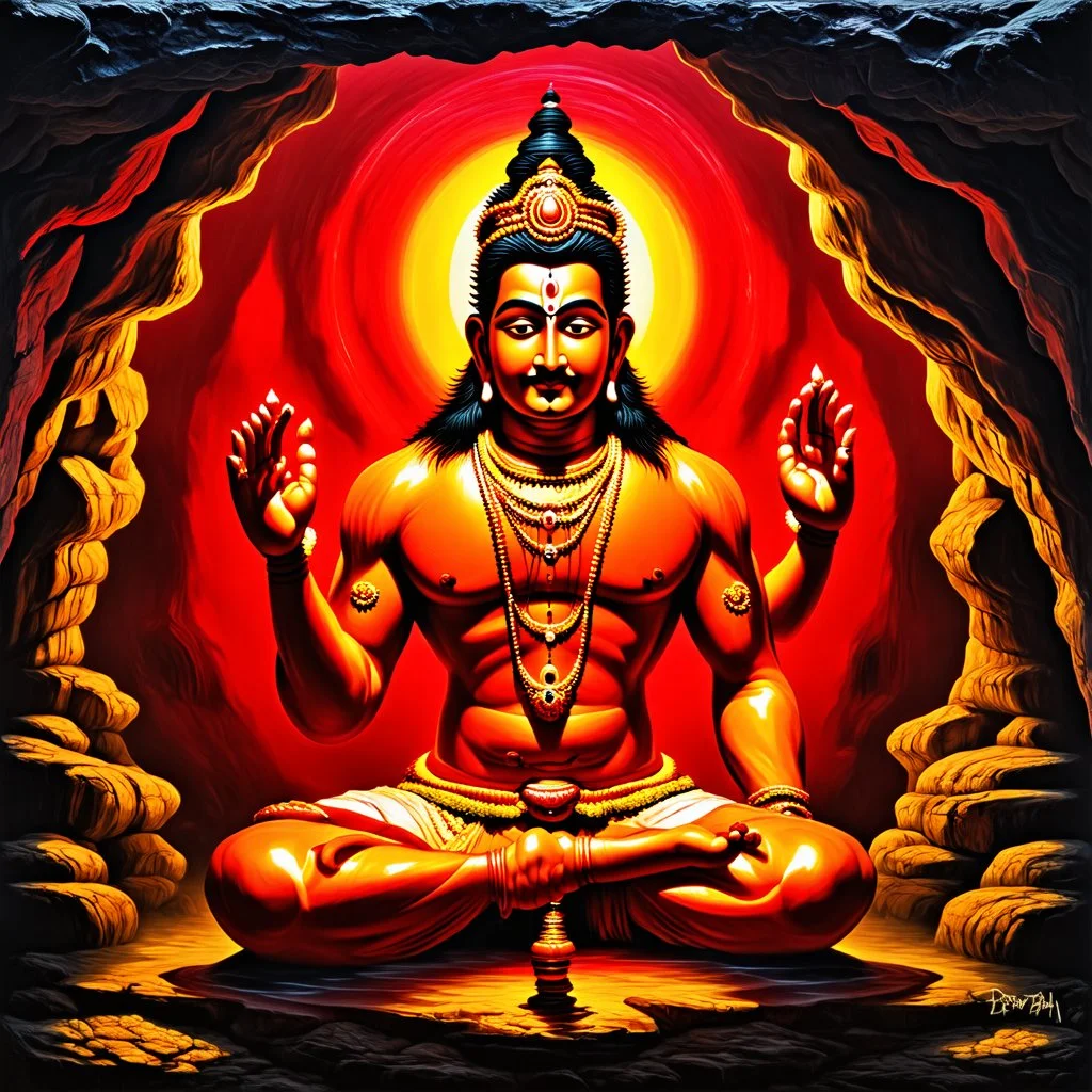 An oil painting of Hindu god YAMA in a cave, neon red colors, high detail, dark vibe