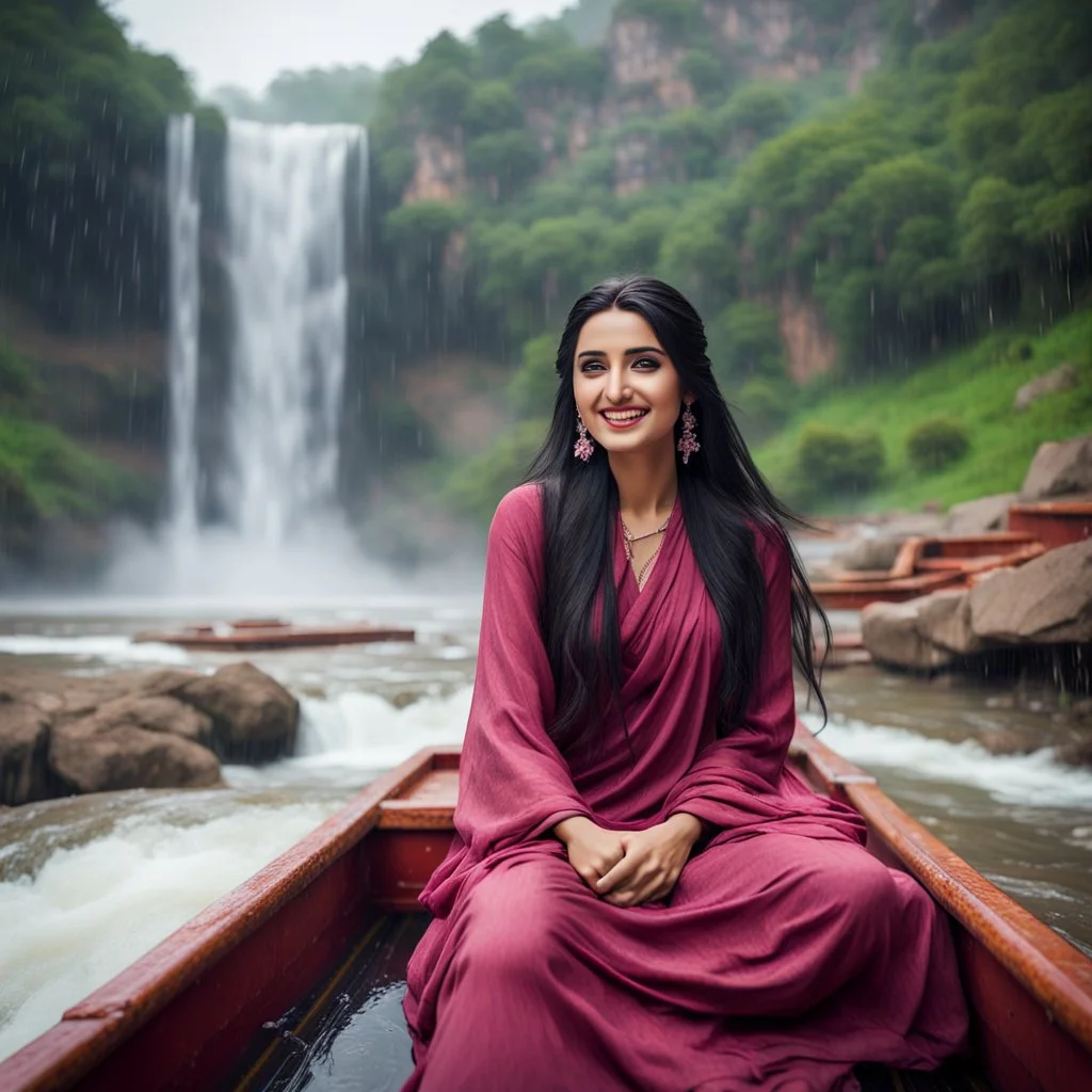 Hyper Realistic Photographic View Of A Gorgeous Pashto Girl (Wearing Simple Maroon Colored Dress & Wearing Plain Pink Dupatta On Her Neck) Happily Sitting & Smiling On A Boat & Showing Her Long Black Hair On The River With Beautiful Waterfall At The Back, At Heavy Rainy Weather Showing Dramatic & Cinematic Ambiance.