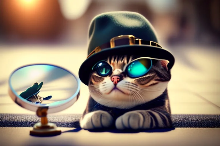 cute chibi spy cat in detective clothes and hat with magnifying glass, watching pictures with it in sunshine, ethereal, cinematic postprocessing, bokeh, dof