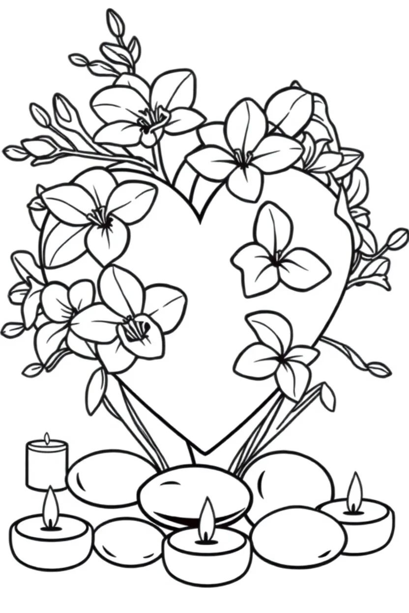 outline art for visually rich appealing heart in orchids plumeria rounded stones candles, ikebana style, coloring page for kids, white background, fit to page, only use outline, clean line art, no shadows, clear and well outlined