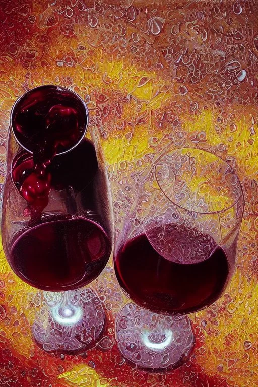 Wine drops from a fork looking down into a red wine glass in which a beautiful woman bathes on a modern kitchen counter, on embroidered lace, Hyper realistic, oil on canvas award winning fantastic view ultra detailed acrylic art Ultra realistic Impressionism Surrealism simen johan, sharp focus intricate oil on canvas cinematic lighting photorealistic high detail ultra detailed crisp quality in sunshine