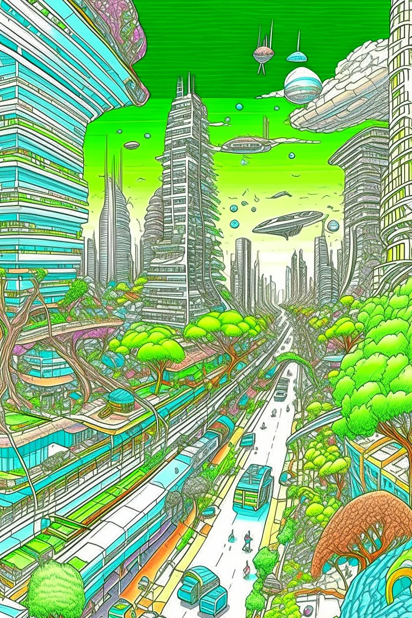a highly detailed pencil and colour marker digital drawing of beautiful organic futuristic city in harmony with nature, full screen, fine details and contours, intricate, small minutiae, tiny features, particulars, sharp photo lens, acute outlines, digitally enhanced, least ambient occlusion, sidewalk view from the pedestrian perspective, wide angle camera, volumetric lighting, volumetric clouds, uhd, 8k, vitality colors, for book cover, enscape render, by antoni gaudí, thine line style