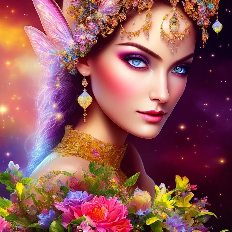 bright fairy, beautiful portrait, flowery landscape