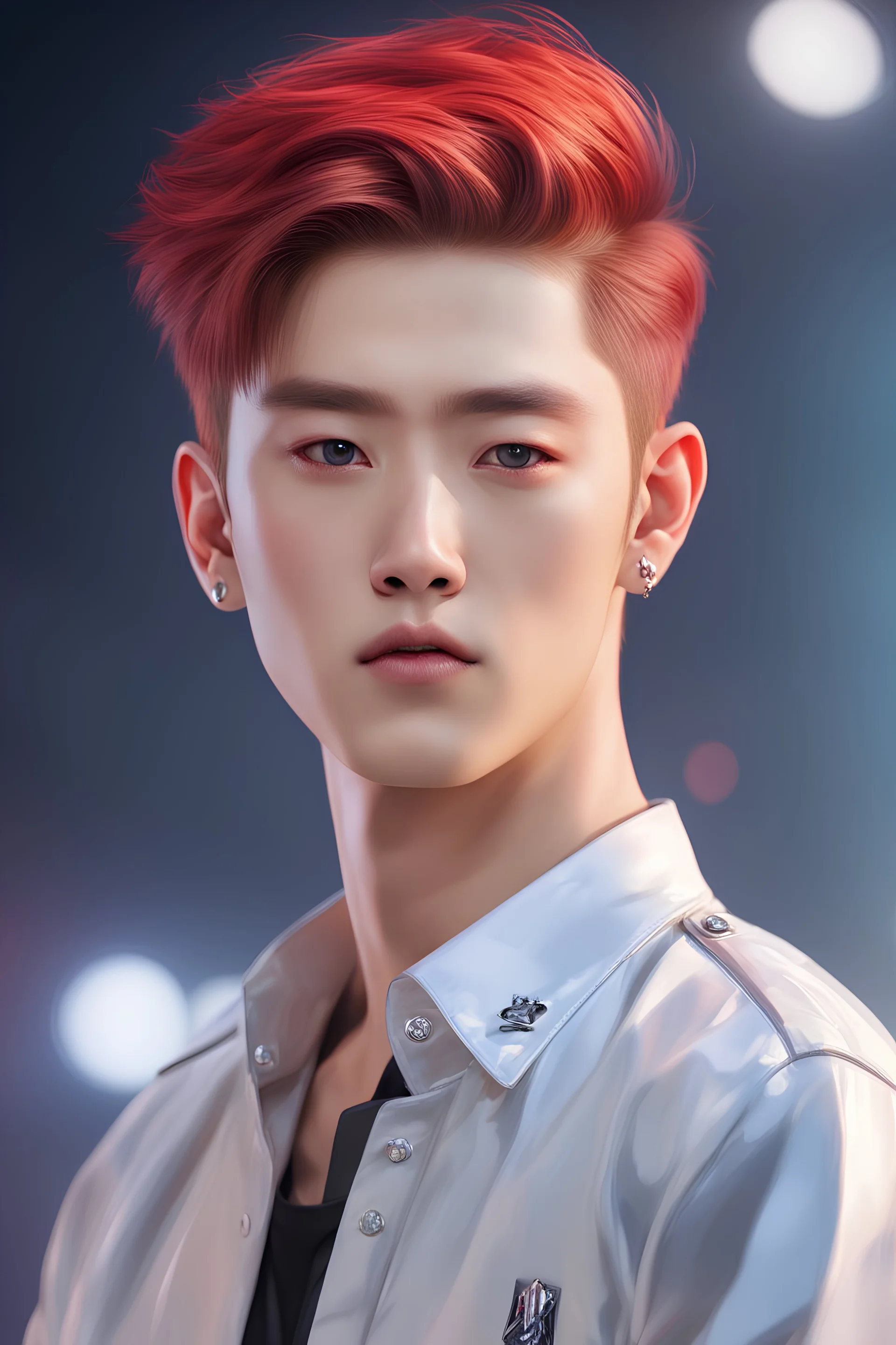 gen 1men,Eric\(The boyz\),stage on the background,kpop show,short red hair,Korean idol,Korean singer,on the stage,styled hair,pulled back hair,highly detailed, digital painting, HDRI, masterpiece, smooth, professional photo,detailed face.