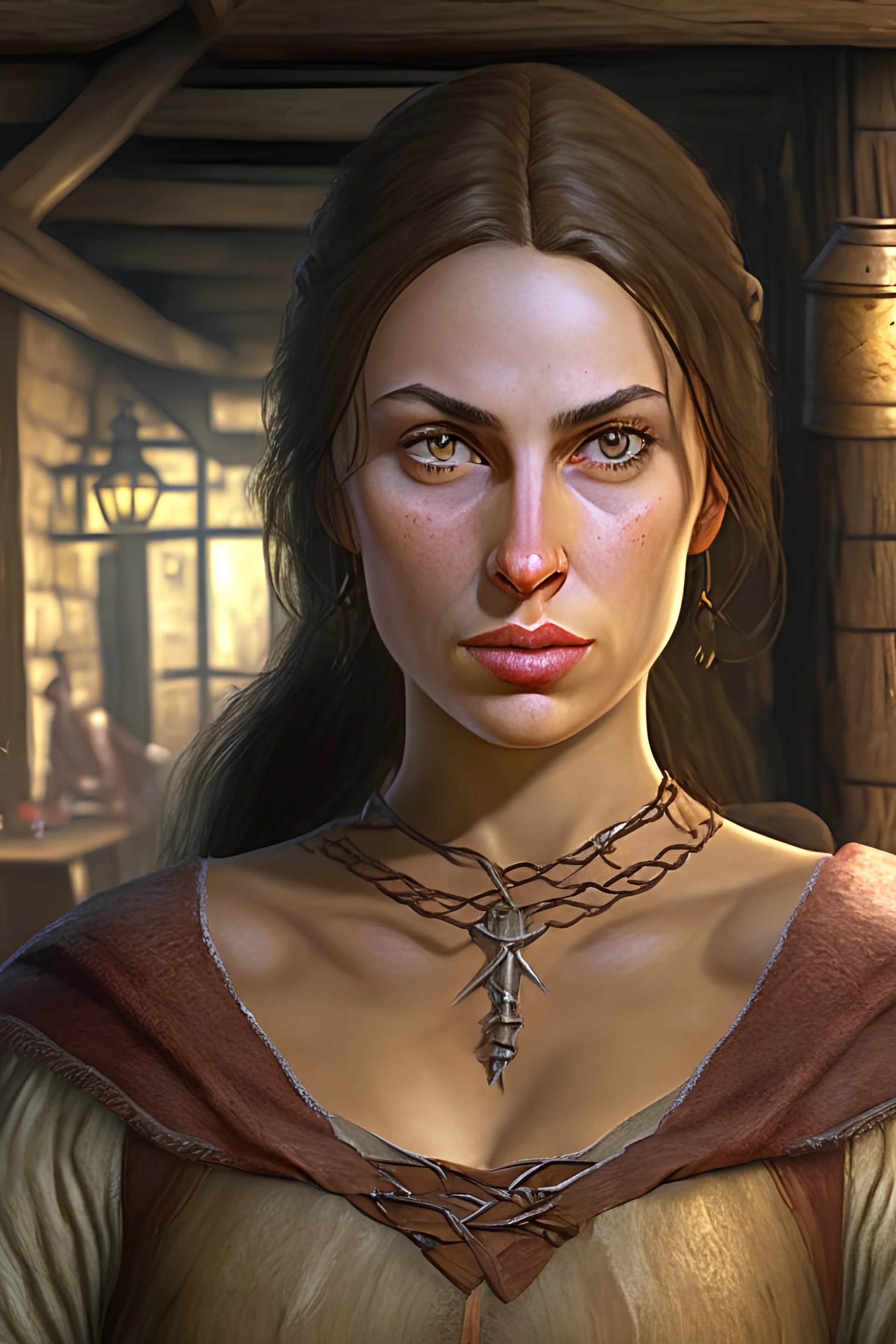 medieval wench, striking eyes, revealing chest, tavern background, realistic