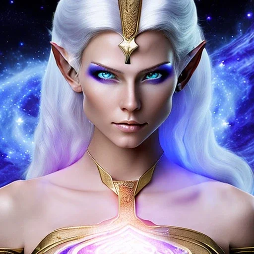 cosmic mage, elf, female, battle mage, epic, cosmic magic, long ears, white hair, face details, pale skin, jewellery, broad shoulders, glowing eyes, sharp ears, cosmic clothes, bright eyes, cosmic eyes, ears shown, light out of eyes, the cosmos in eyes, stars in eyes