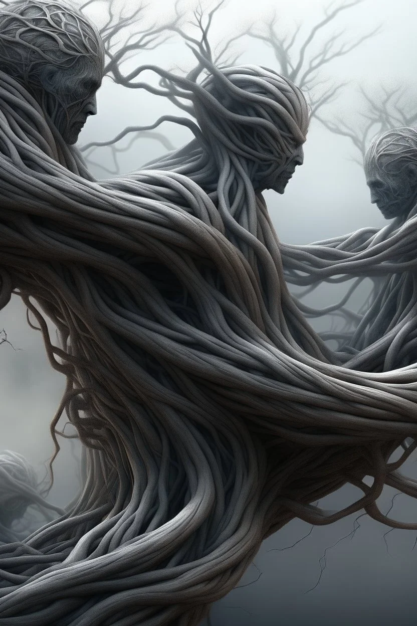 a tangle lots of human figures entwined between a twisted thin piece of cloth, as part of many twisted branches disappearing into the distant mist, epic photo, sharp on highly detailed skin with wrinkles and high contrast, photorealistic, 4K, 3D, realism, hyperrealism, detailed, good lighting, detailed texture, modern photography style, 3D, 4D, 4K --2:3