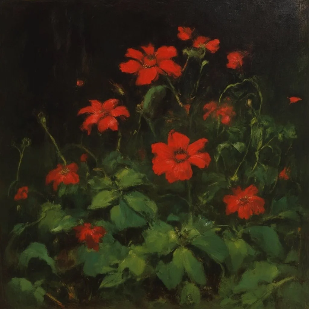 Night, red flowers, vegetations, forest, creepy, gloomy, gothic dark influence, charles leickert paintings, and konstantin korovin paintings