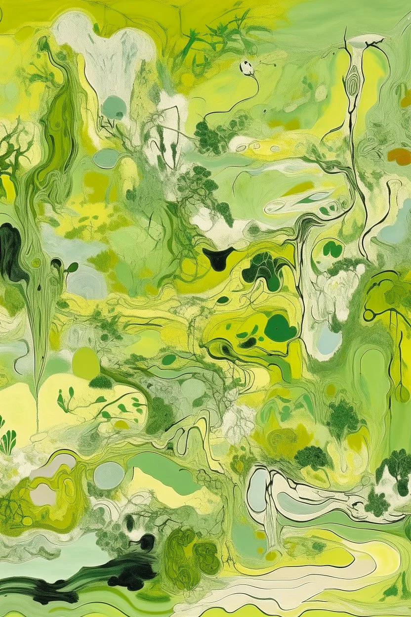 A pale greenish yellow dream land with weird shapes painted by Jackson Pollock