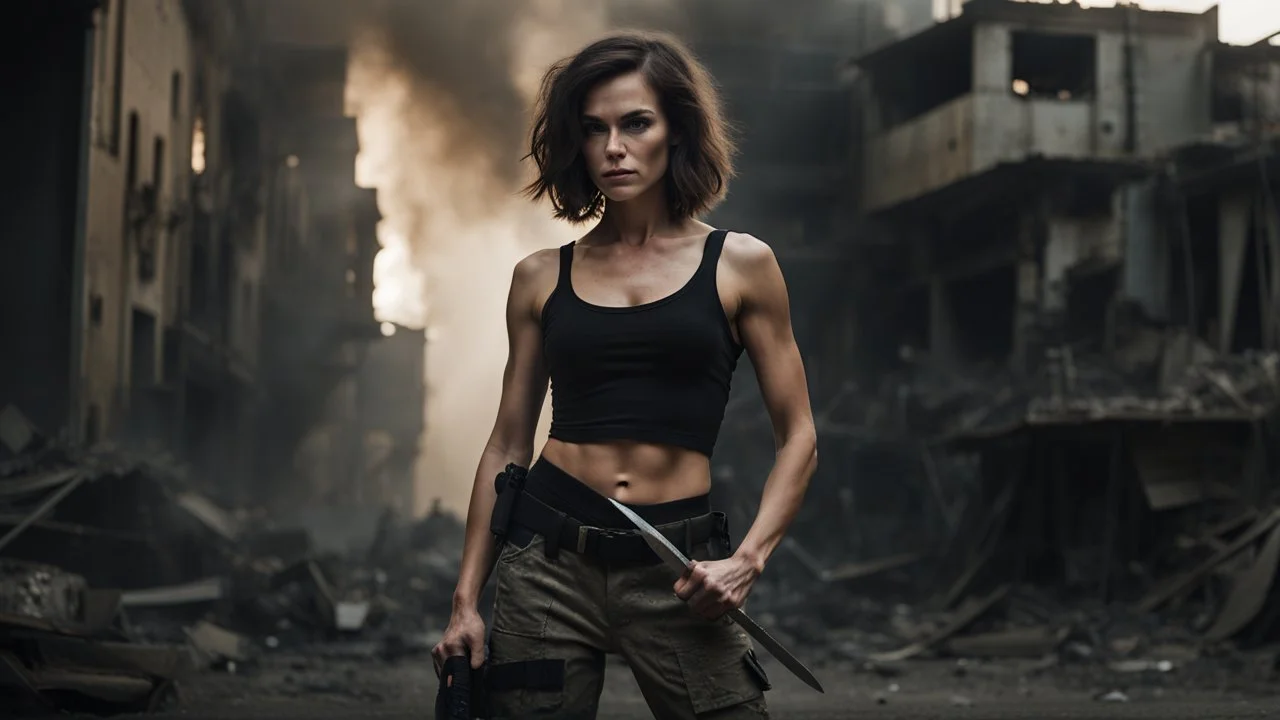 beautiful slender caucasian female technician with a knife, black tank top, well toned muscles, weathered face, scratched sand camo metal details, short brunette wavy bob haircut, dystopian, postapocalyptic city scene with smoke and explosions