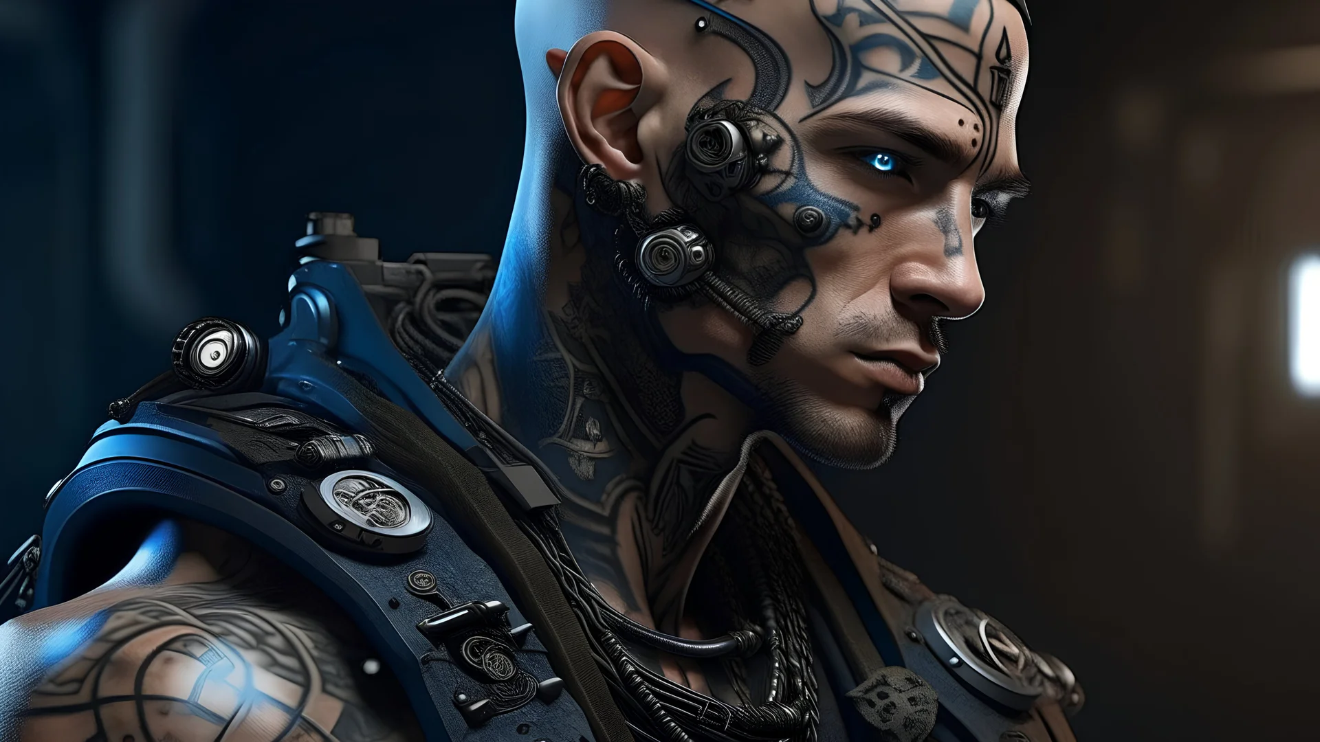 hyper realistic blind cyborg warrior, bald with tattoos of celestial - maps, mech - armor, bulletproof vest, leather jacket, manga realism, textured depth surrealism, hyper realism, dark - white, shades of brown and black, shades of muted - blue, vibrant interplay of light and shadow, cinematic lighting ::1 headband over eyes, Manga Realism