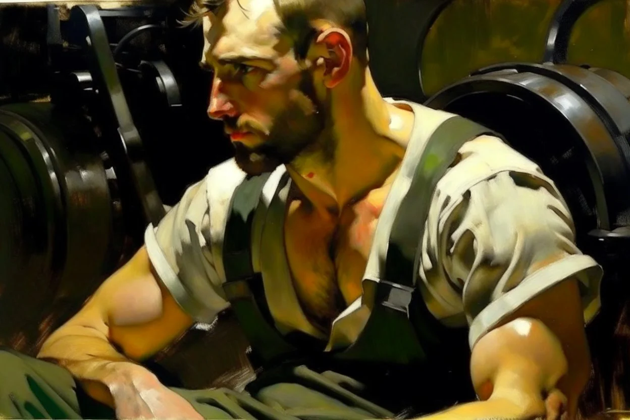 A handsome masculine shirtless scruff greasy dirty mechanic, Edward hopper John singer Sargent oil painting