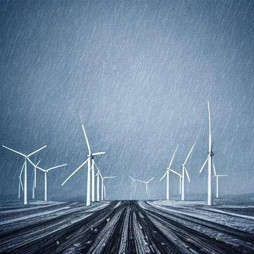 Thousands vertical wind turbines. Heavy cold rain. Strong wind. An engineer looking up. Futuristic scenary. Metallic mist.