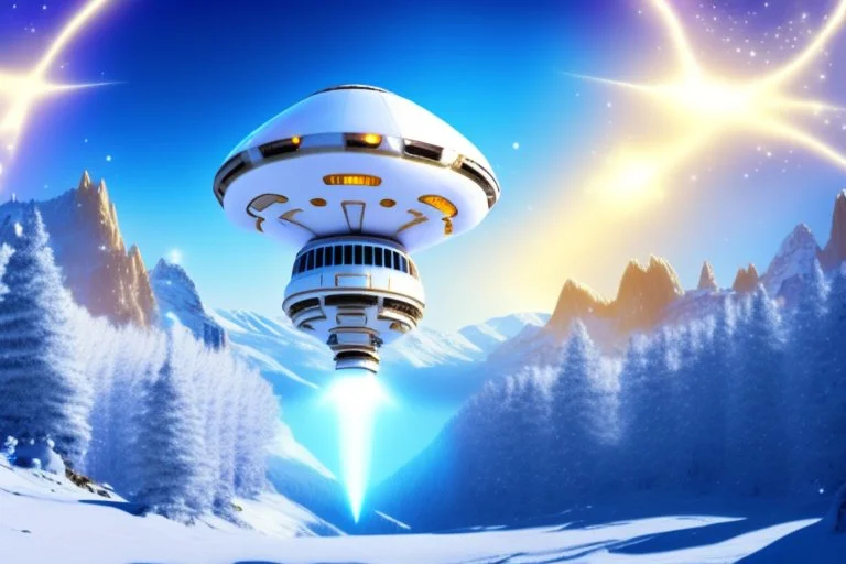 white spaceship ufo with light in the below. the landscape is a fairy colourfull forest with snow sweety mountains. the sky is blu with stars and brightness beam