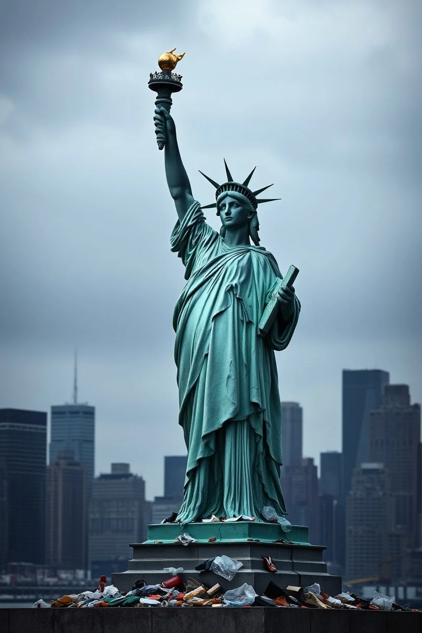 the statue of liberty, dress tattered an torn, her face solemn and terse, trash littered at her feet, the skyline dark and grungy