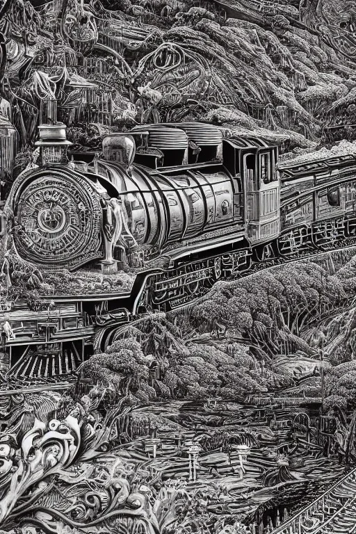 Insanely detailed intricately detailed meticulously detailed hyperdetailed black outline of a train on gold and silver paper, high contrast, beautiful landscape, detailed full-color, nature, HD photography, Tishk Barzanji, autoCAD