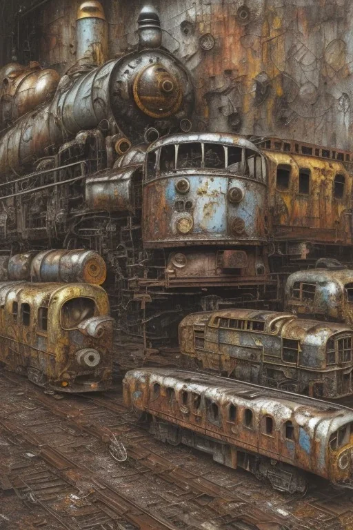 an abstract painting of rusted toy trains, by anselm kiefer and lucian freud, rust, scaffolding, iron cladding, decay, mixed media, textured, anatomically correct, beautiful perfect face, sharp focus, highly detailed