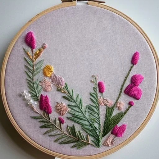 embroidery hoop with delicate embroidery and beadwork of flowers, tulle, couture, beautiful composition, aesthetic layout, wildflowers, watercolor