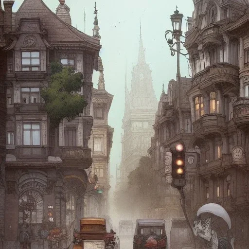 Beaux Arts architecture+detailed facades+human scalades+beautiful, liveable urban square lined with with richly detailed houses and shops, ,street trees,ornamental flowers +uphill road+biopunk+Book illustration by Gediminas Pranckevičius, Jean Baptiste Monge, Brian Kesinger, Anton fadeev, Kilian Eng, strong lines, high contrast vibrant colors, highly detailed, 16k resolution, trending on behance