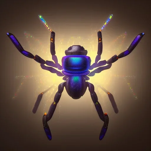 A beautiful portrait of a cyborg spider wite neon color scheme, high key lighting, volumetric light high details psychedelic background