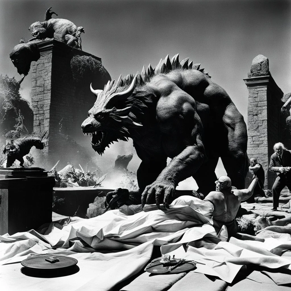 (high res photo by Ray Harryhausen) Appease the beast on spattered sheets