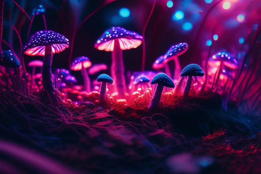 : red and purple bioluminescent Ecplorations shrooms planted in a small thicket of grass, LSD, psychedelic, macro shot, tilt-shift, depth of field, photorealistic, hyper-realistic, glowing light, dark