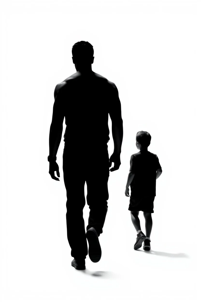 black silhouette of two men, one tall and muscular, the other short and thin, walking away from the camera on solid white background