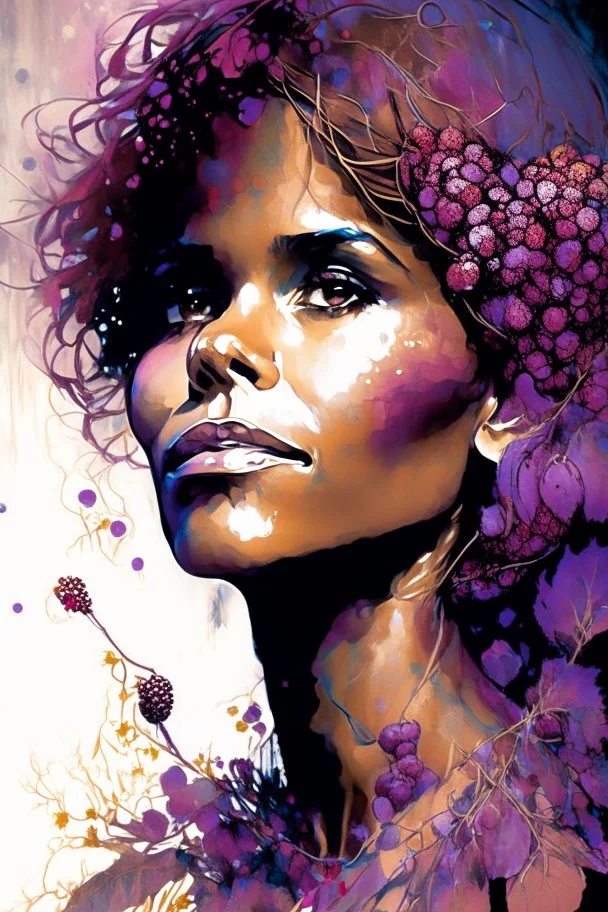 Portrait of gorgeous young Halle Berry surrounded by berries by Awwchang and James Christensen and CGSociety and Carne Griffiths and Minjae Lee, fun background, Lou Xaz