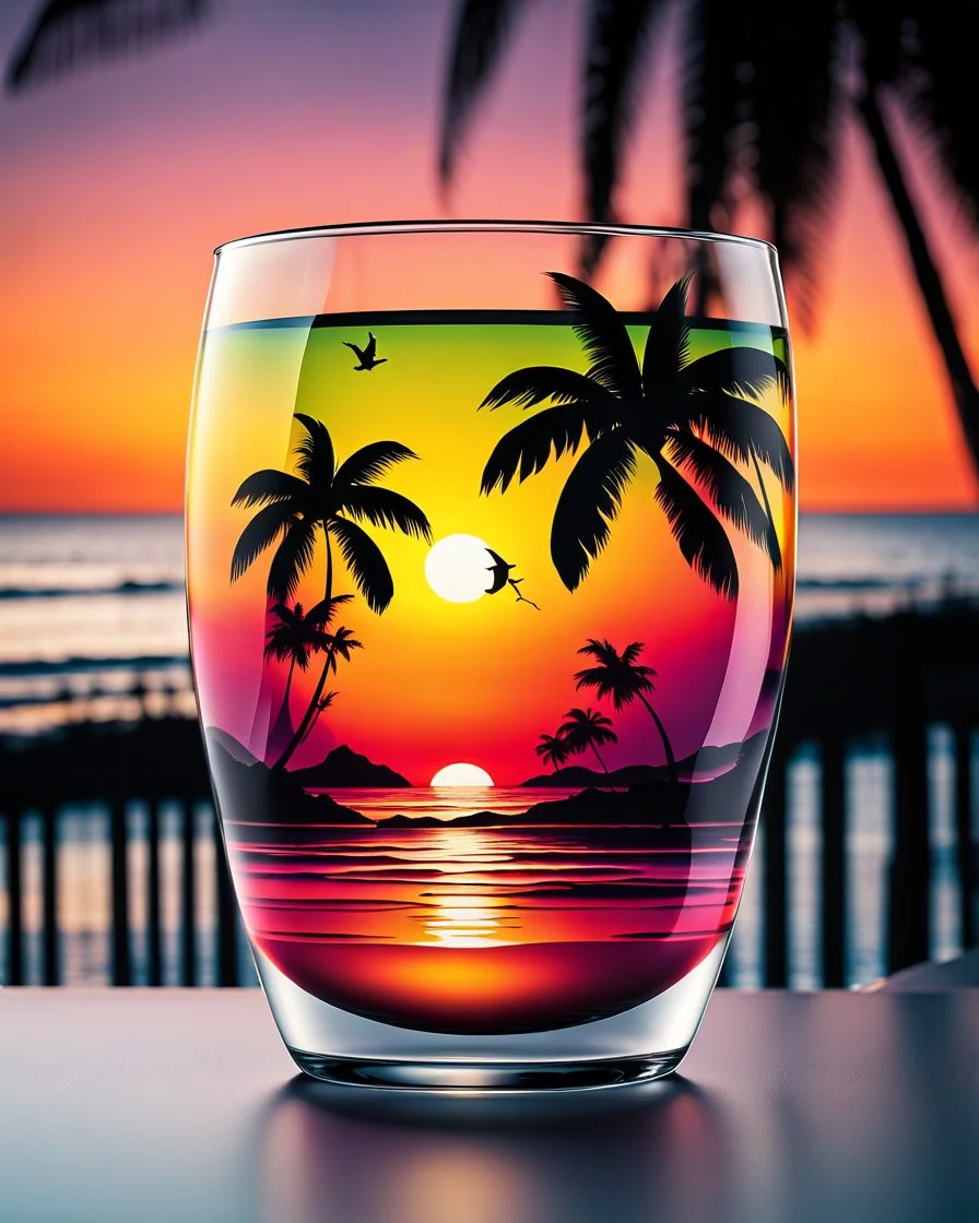 Stunning conceptual beach scene illustration in cocktail glass silhouette. Beach with vibrant colors, sunset sky and coast with palm trees. Cinematic black background, the glass looks like a window to a tropical paradise.12k 3D HD hyper-realistic Image quality CodeFormer AI 12K, cute flower fairy with bright wings like morning dew, flutters from flower to flower. Hair in curls,adorned with petals and pollen, mysterious phoenix woman,her silhouette made with interconnected and integrated elements