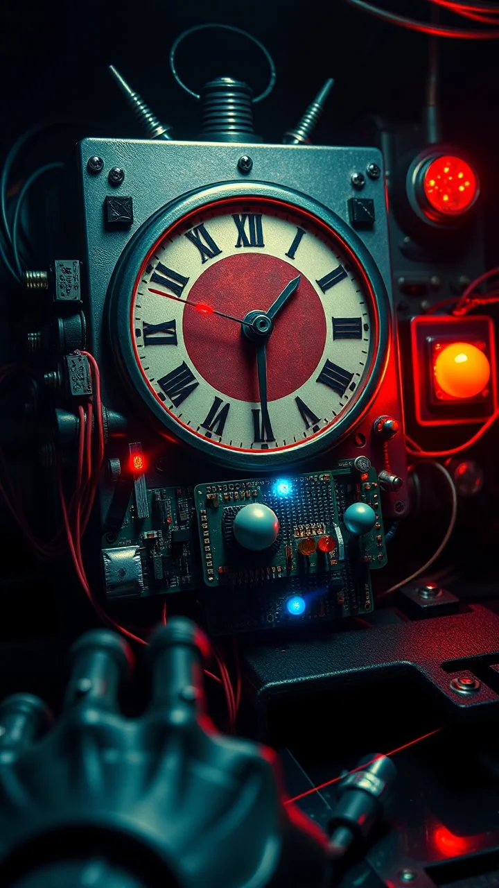 Bosch style nightmares of clocks, computer board , mini lights, eyes balls, complicated electronics components, robot hand,dashboard, laser beam