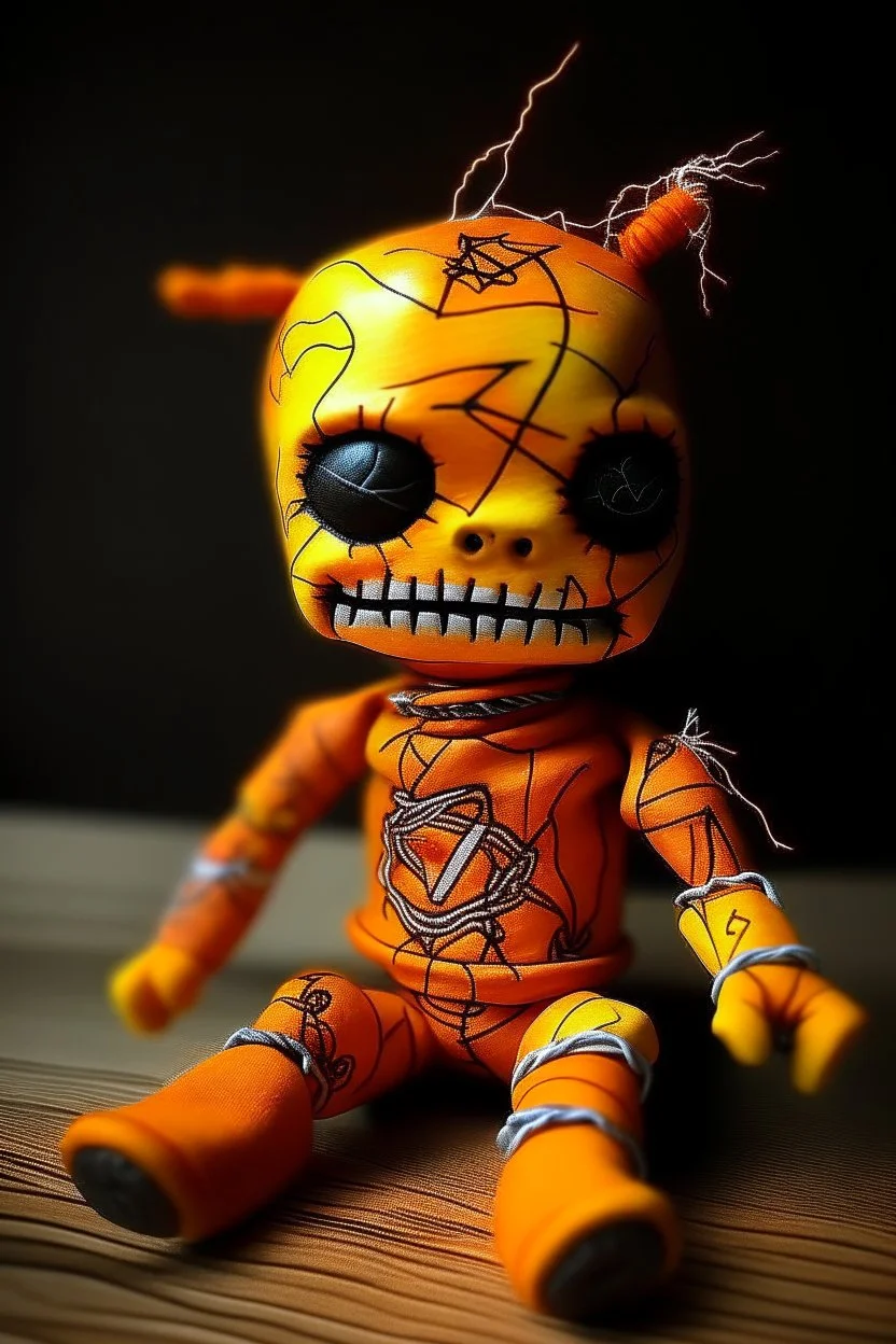 An orange lightning voodoo doll painted by Zosan