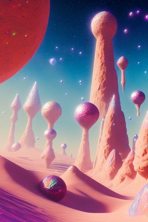 pink desert with multicolored crystals falling, blue sky, cosmic and galactic ambiance, full of details, smooth, bright sunshine，soft light atmosphere, light effect，vaporwave colorful, concept art, smooth, extremely sharp detail, finely tuned detail, ultra high definition, 8 k, unreal engine 5, ultra sharp focus