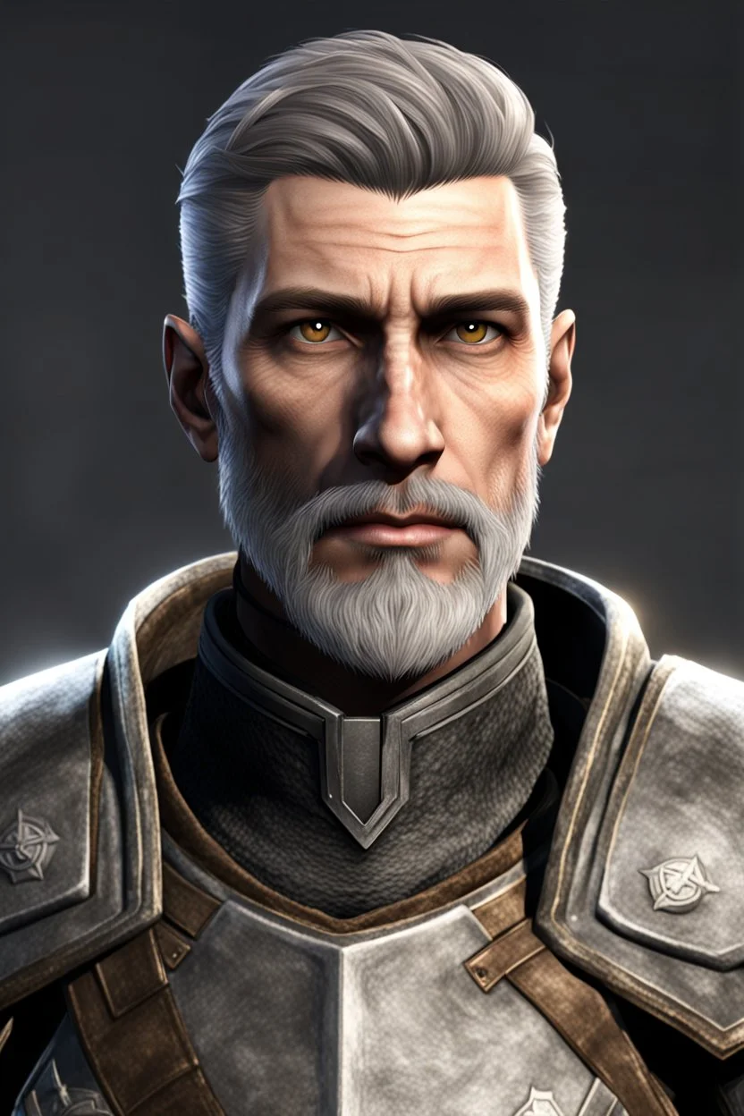 An old male imperial legionnaire from Skyrim with brown eyes, short gray Roman-style hair and a light beard