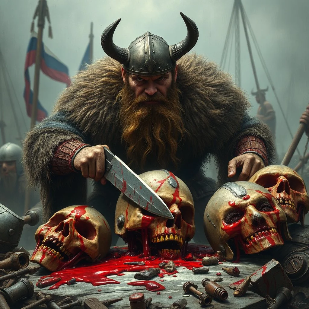 very angry viking cutting heads of stupid russians, lot of blood and decapited