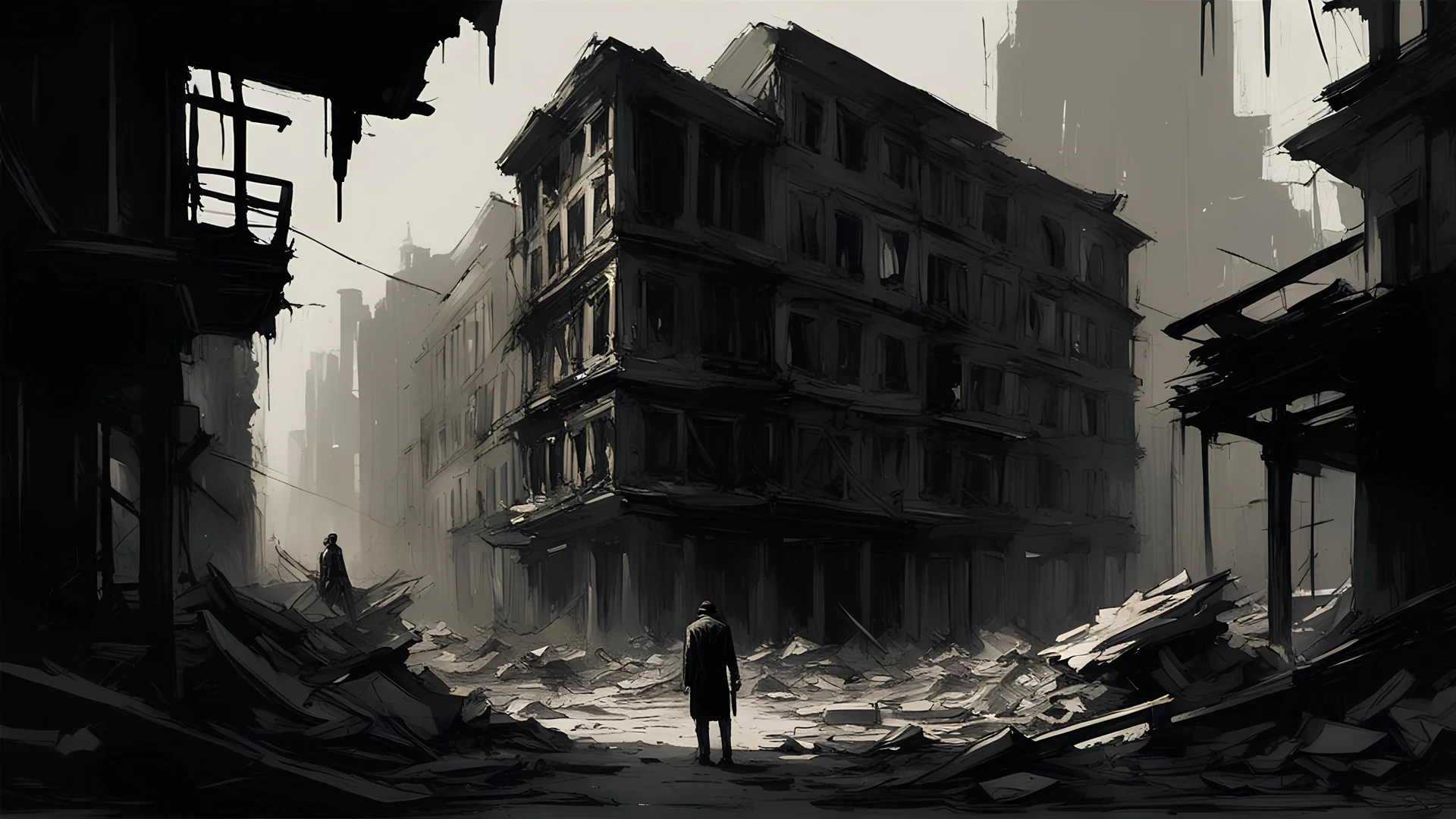 Death and a man on the background of destroyed buildings, post-apocalypse, white and black, Raymond Swanland & Alyssa Monks & Anna Razumovskaya & Benedick Bana