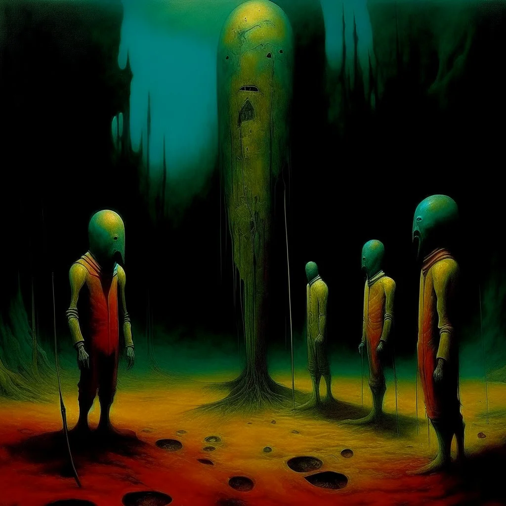 Repression- the most sinister trick ever played, Surreal nightmare art, dark cyan - jaundice yellow - crimson color scheme, by Yves Tanguy, by Zdzislaw Beksinski, by Joel-Peter Witkin, creepy, horror, dripping dark atmosphere