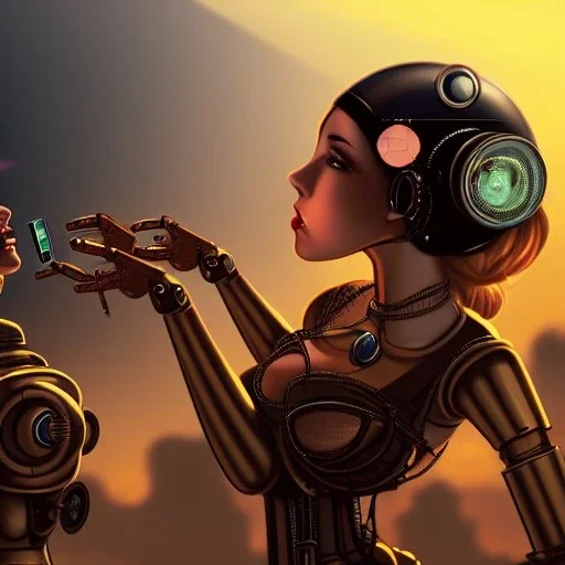 great illustrator, spanish, realistic rendering of a cute spanish girl kissing am handsame robot, beautiful, steampunk style. Helmet with tubes. Machinery in the background. robotic bird flying. High details. 4k. unreal engine, sunset