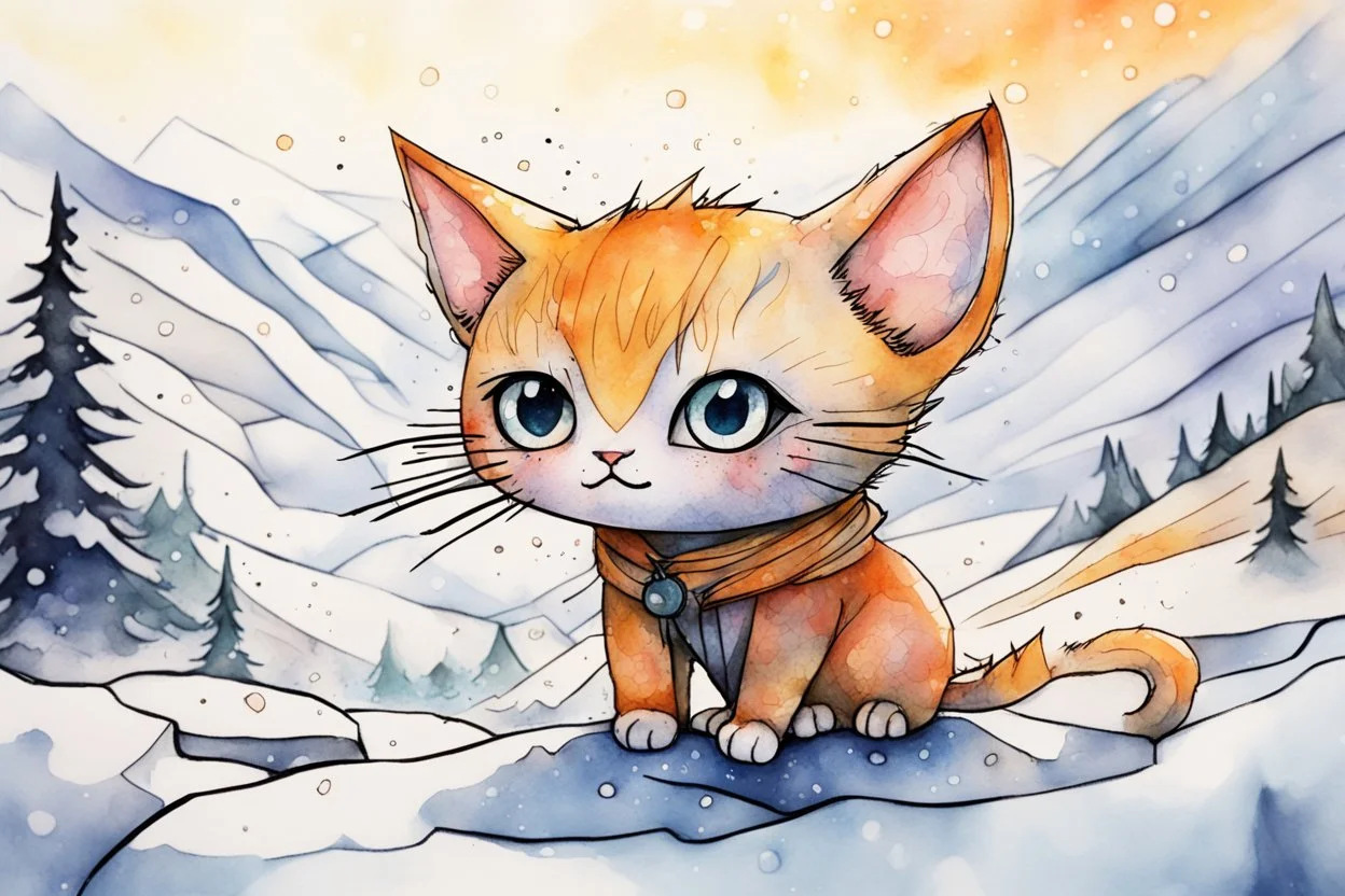 cute chibi anime frightened cat, crashed airplane in the snowy mountains, styles of Paul Klee Dee Nickerson and Tim Burton, melting watercolor and black ink outlines on wet paper, soft, shading strokes, in sunshine, ethereal, otherwordly, cinematic postprocessing, bokeh, dof