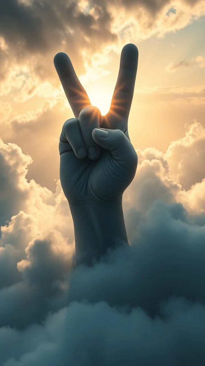 A victory sign hand above swirling clouds, emerges from the heart of a raging storm. Turbulent winds of steam swirl around the iconic structure, lit by shafts of sunlight that cast dramatic shadows on the A large victory sign hand in the clouds , High quality 16k cinematic scene and great photography