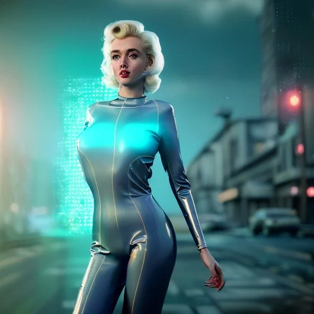 Realistic fashion image, retro sci-fi, portrait, waist up view, blonde woman, sweet Marylin Monroe face, perfect iris, glow eyes. tight latex tights suit. Retro Futuristic city, cars flying. epic style, vibrant color, highly detailed, unreal engine 5, ray tracing, RTX, lumen lighting, ultra detail, volumetric lighting, 3d, finely drawn, high definition, high resolution.